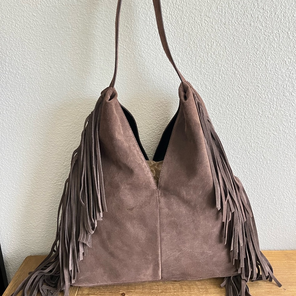 Divina Firenze Italian Leather Fringe Tassel Shoulder Hobo Bag - Brown